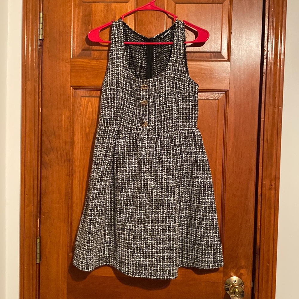 SHEIN Button Front Tweed Pleated Mini Overall Dress